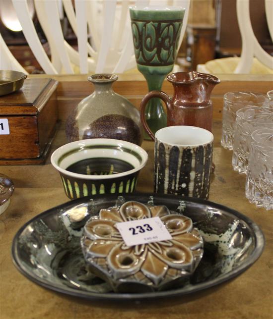 A Dicker ware vase, a Crown Devon utility bowl and three other pottery vessels(-)